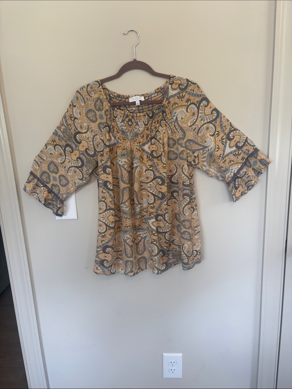 new directions Mustard and Gray Paisley Peasant Blouse